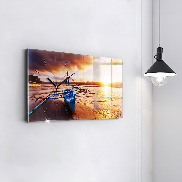 Glass wall clock rectangular Boat and sunset