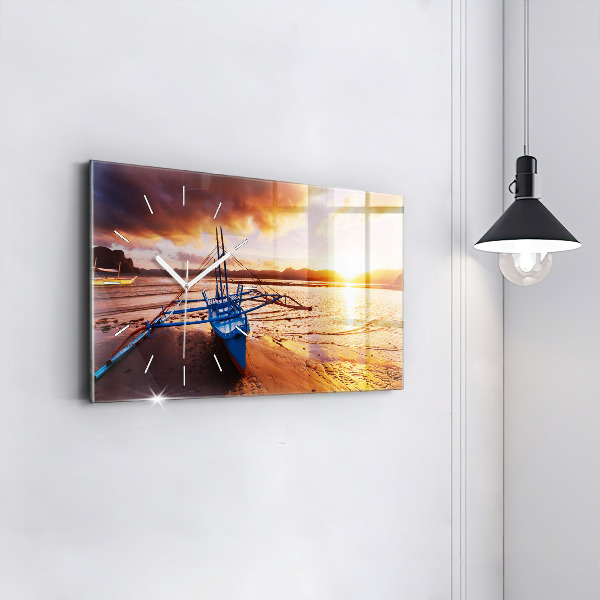 Glass wall clock rectangular Boat and sunset