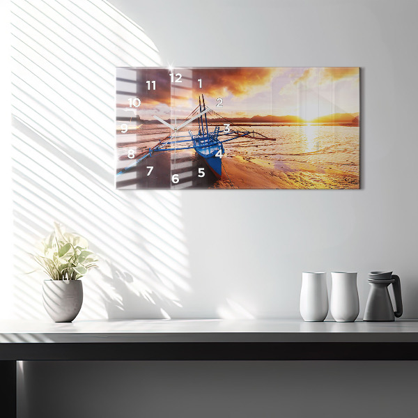 Glass wall clock rectangular Boat and sunset