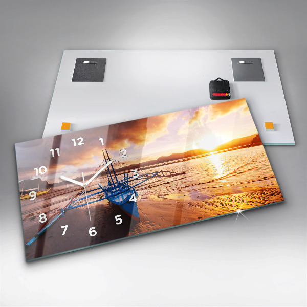 Glass wall clock rectangular Boat and sunset