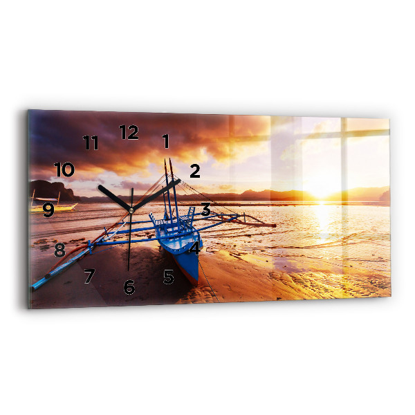 Glass wall clock rectangular Boat and sunset