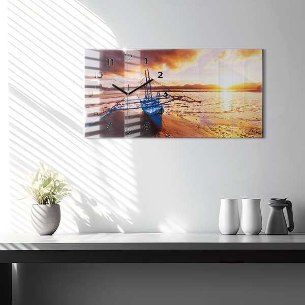 Glass wall clock rectangular Boat and sunset