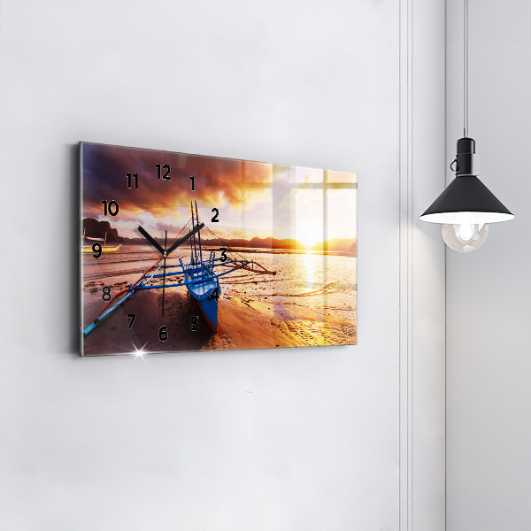 Glass wall clock rectangular Boat and sunset