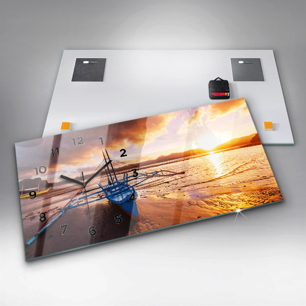 Glass wall clock rectangular Boat and sunset