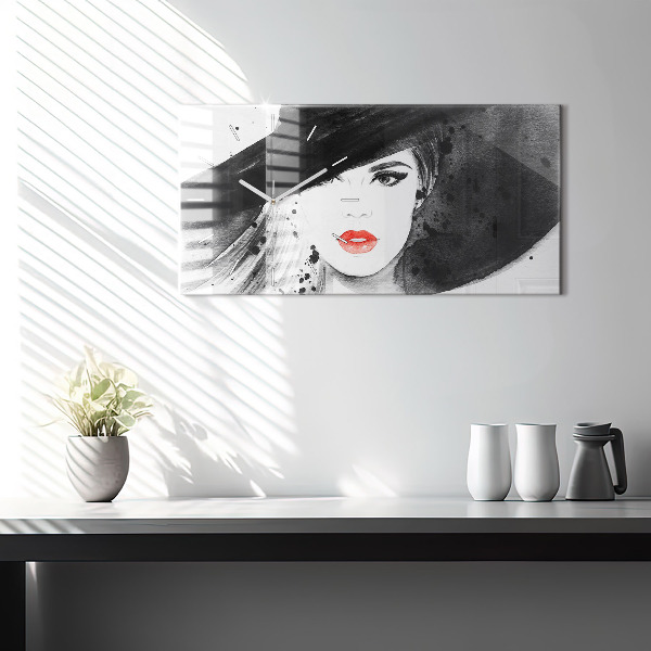 Glass wall clock rectangular Woman in a hat