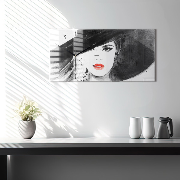 Glass wall clock rectangular Woman in a hat