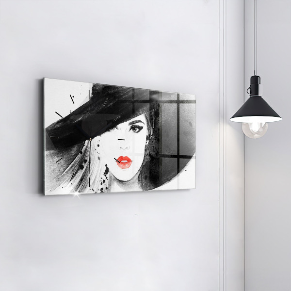 Glass wall clock rectangular Woman in a hat