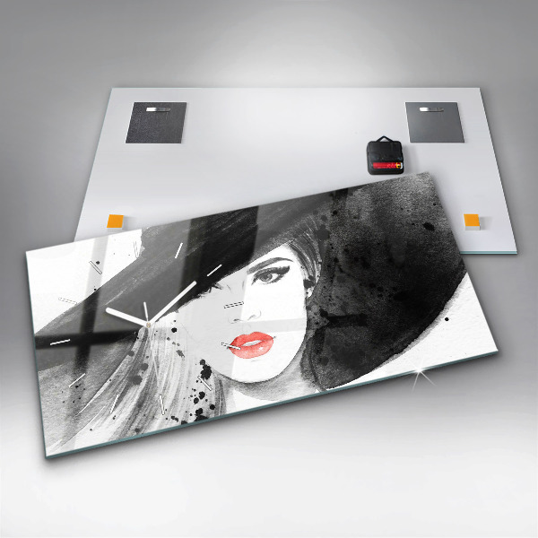 Glass wall clock rectangular Woman in a hat