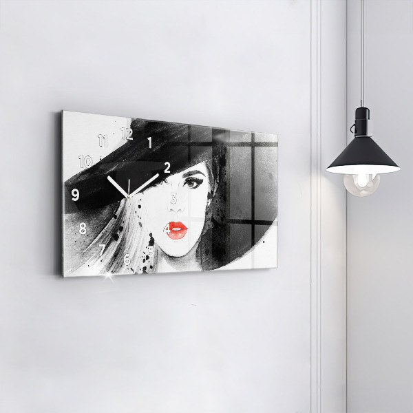 Glass wall clock rectangular Woman in a hat