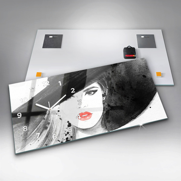 Glass wall clock rectangular Woman in a hat