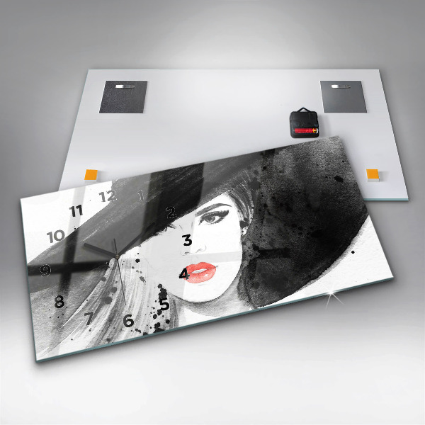 Glass wall clock rectangular Woman in a hat