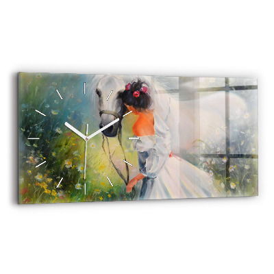 Glass wall clock rectangular Beautiful Woman With Horse