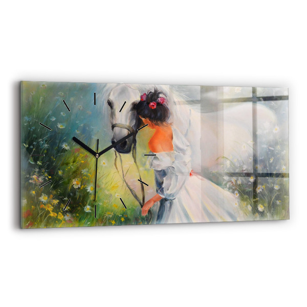 Glass wall clock rectangular Beautiful Woman With Horse