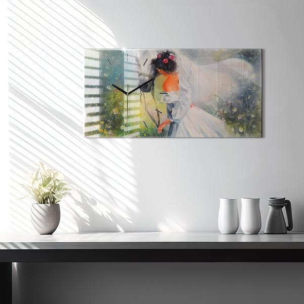 Glass wall clock rectangular Beautiful Woman With Horse