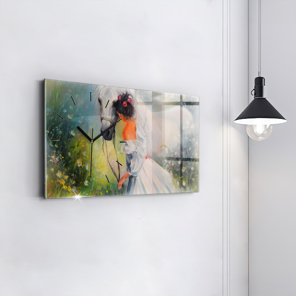 Glass wall clock rectangular Beautiful Woman With Horse