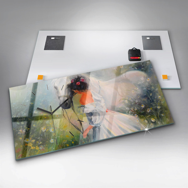 Glass wall clock rectangular Beautiful Woman With Horse