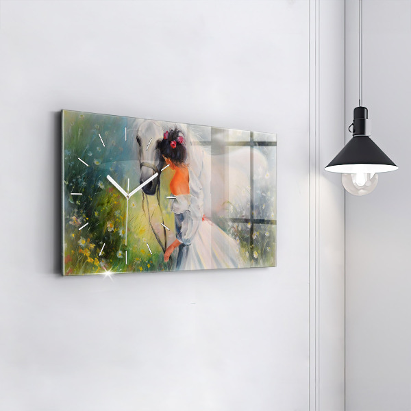 Glass wall clock rectangular Beautiful Woman With Horse