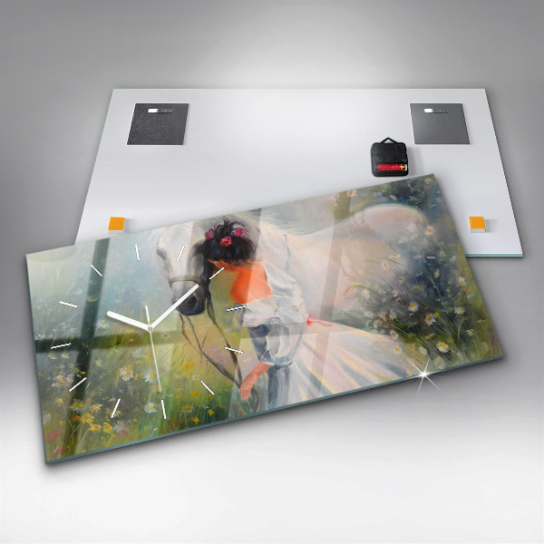 Glass wall clock rectangular Beautiful Woman With Horse