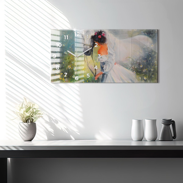 Glass wall clock rectangular Beautiful Woman With Horse