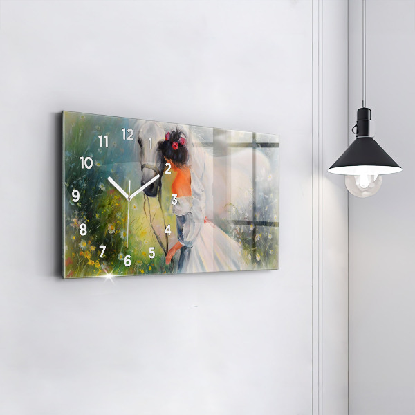 Glass wall clock rectangular Beautiful Woman With Horse
