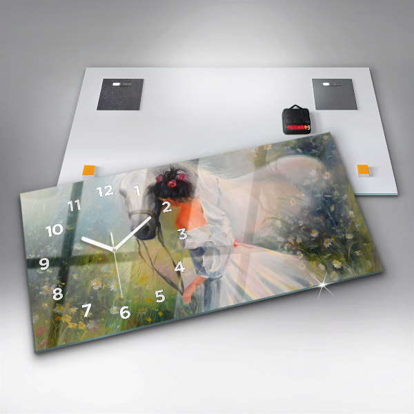Glass wall clock rectangular Beautiful Woman With Horse