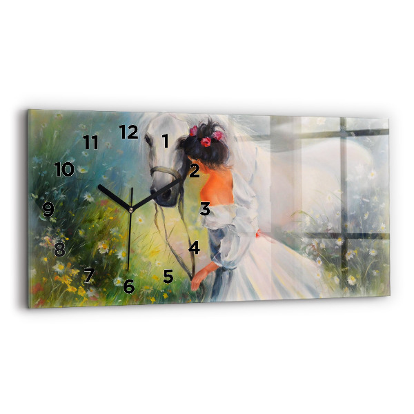Glass wall clock rectangular Beautiful Woman With Horse
