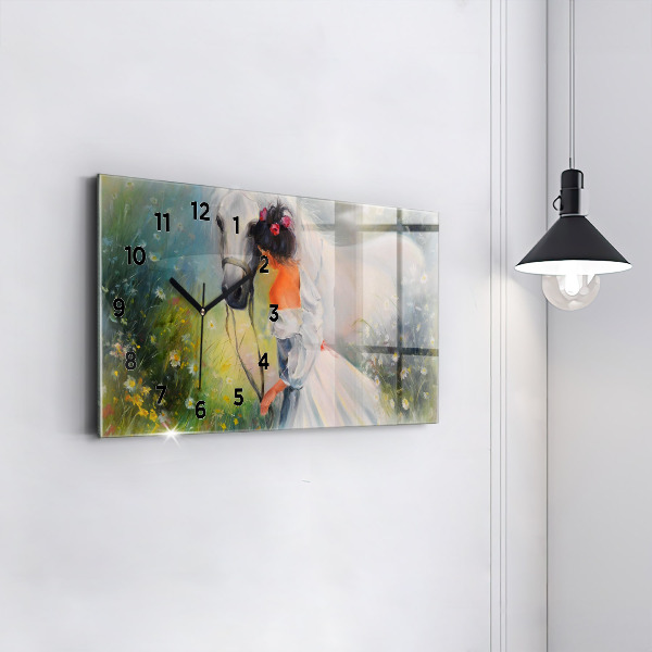 Glass wall clock rectangular Beautiful Woman With Horse