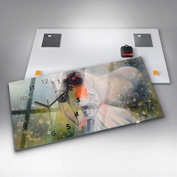 Glass wall clock rectangular Beautiful Woman With Horse