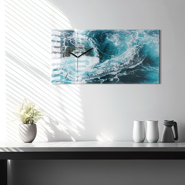 Glass wall clock rectangular Swirling foamy waves