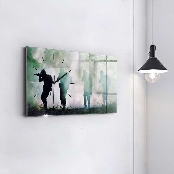 Glass wall clock rectangular Army in the forest soldiers