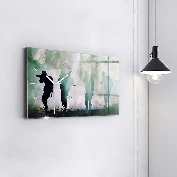 Glass wall clock rectangular Army in the forest soldiers