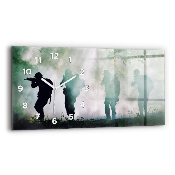 Glass wall clock rectangular Army in the forest soldiers