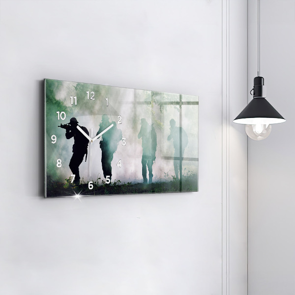 Glass wall clock rectangular Army in the forest soldiers