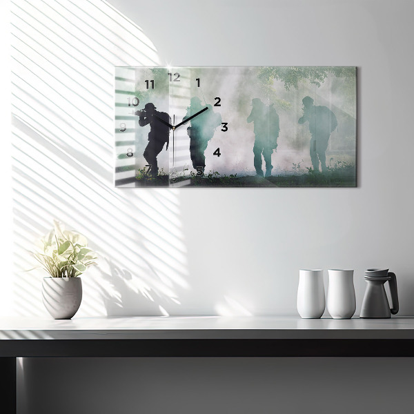 Glass wall clock rectangular Army in the forest soldiers