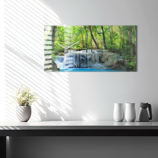 Glass wall clock rectangular Waterfall in the forest