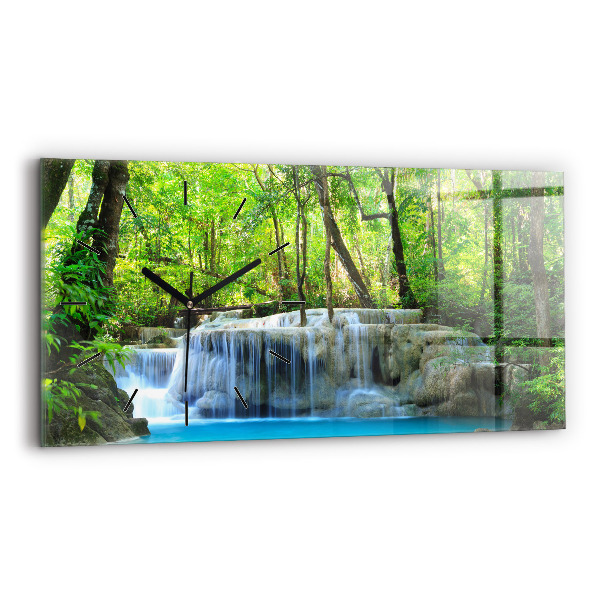 Glass wall clock rectangular Waterfall in the forest