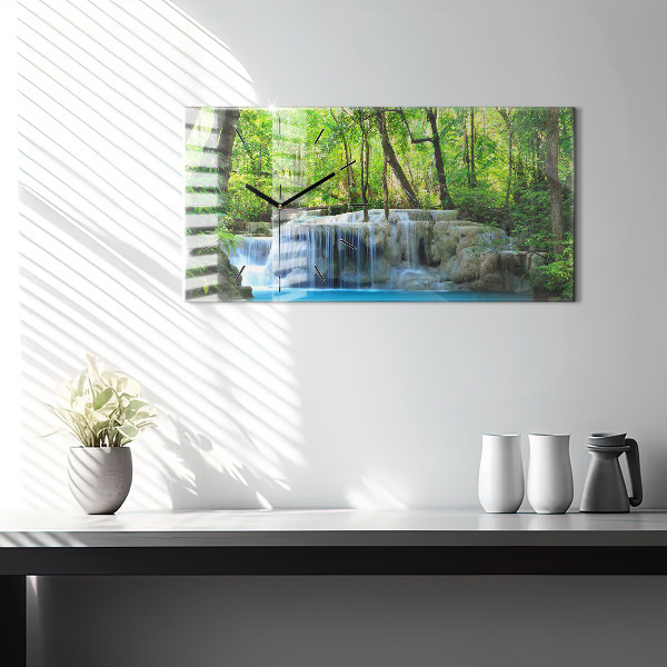 Glass wall clock rectangular Waterfall in the forest