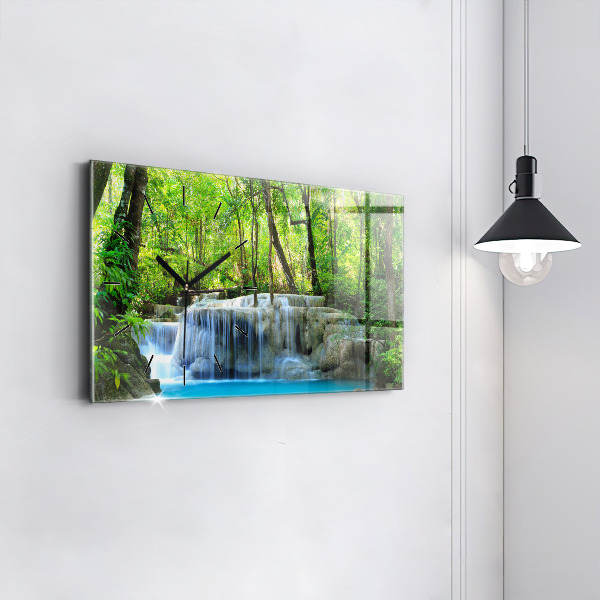 Glass wall clock rectangular Waterfall in the forest