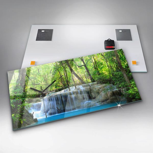 Glass wall clock rectangular Waterfall in the forest