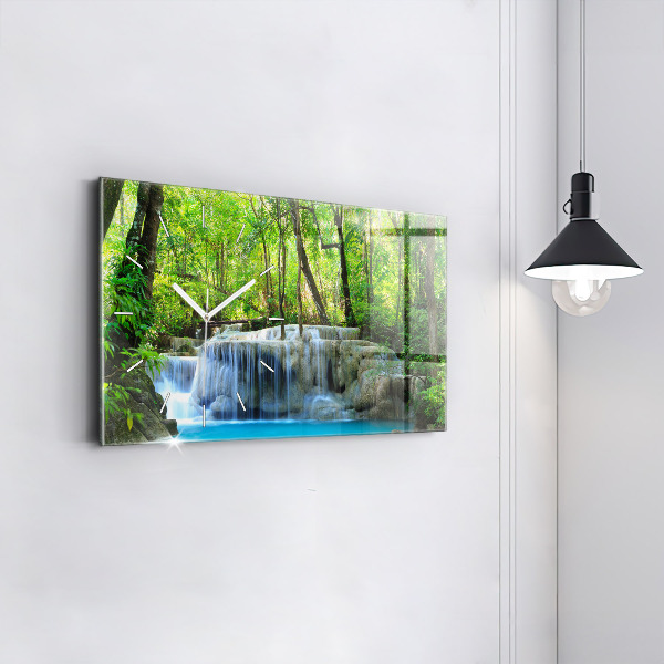 Glass wall clock rectangular Waterfall in the forest