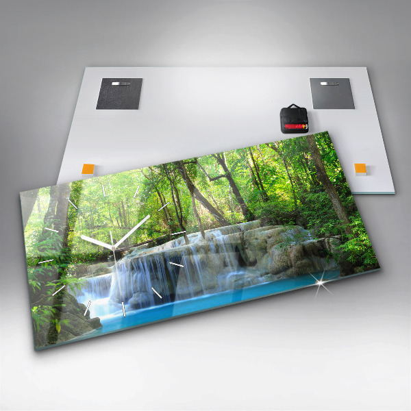 Glass wall clock rectangular Waterfall in the forest