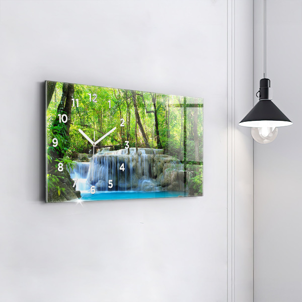 Glass wall clock rectangular Waterfall in the forest