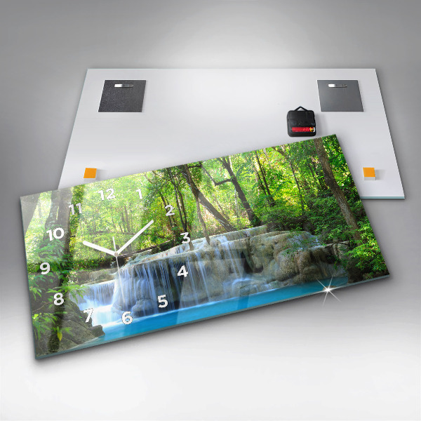 Glass wall clock rectangular Waterfall in the forest