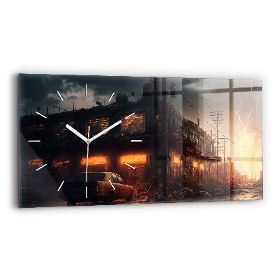 Glass wall clock rectangular Apocalyptic building