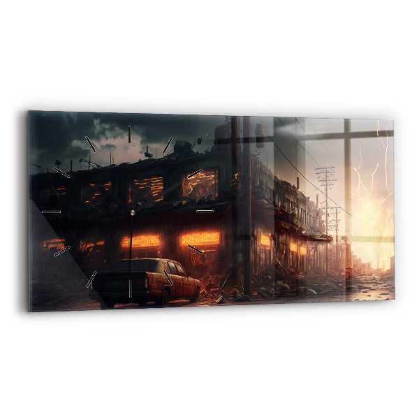 Glass wall clock rectangular Apocalyptic building