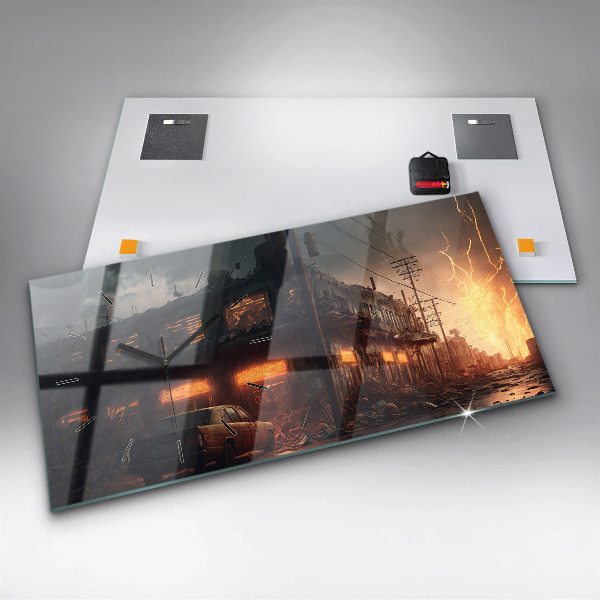 Glass wall clock rectangular Apocalyptic building