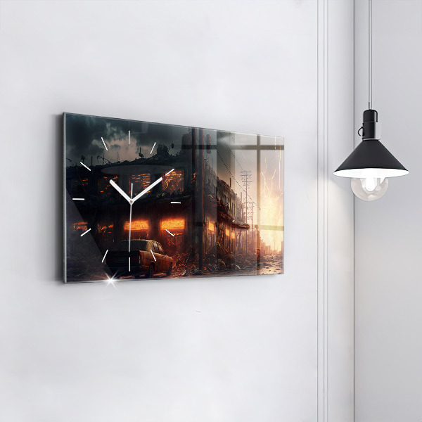 Glass wall clock rectangular Apocalyptic building
