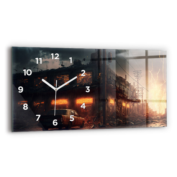 Glass wall clock rectangular Apocalyptic building