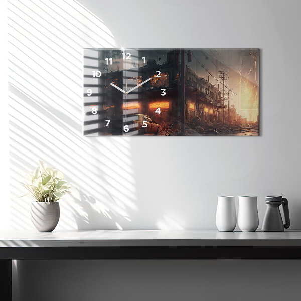 Glass wall clock rectangular Apocalyptic building