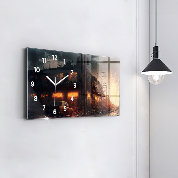 Glass wall clock rectangular Apocalyptic building